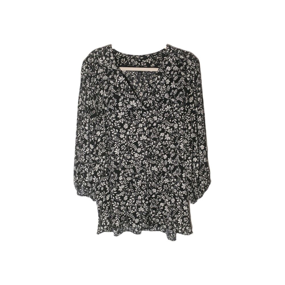 Zac & Rachel Blouse Tunic Top Women's 3X Black Ivory Floral Office V Neck Moody